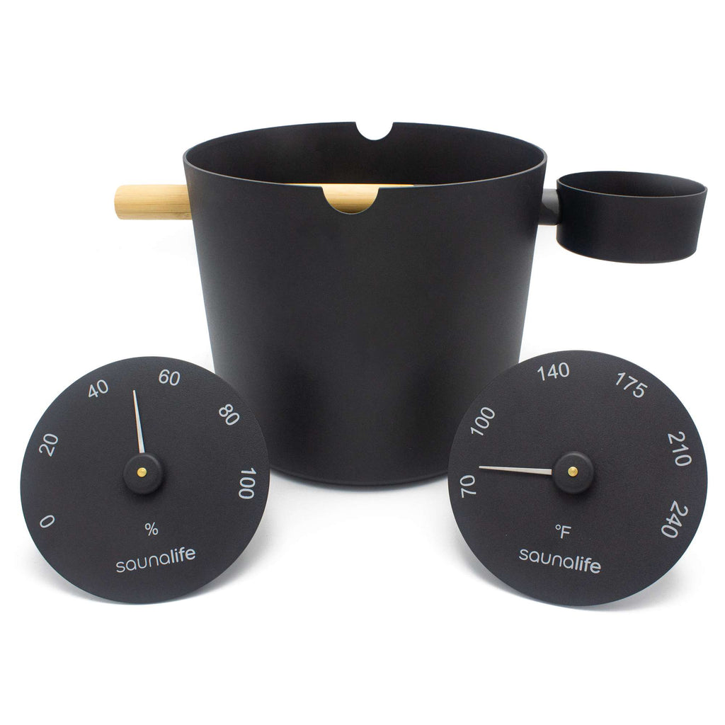 SaunaLife Accessory Package 5 Bucket, Ladle, Hygrometer and Thermometer, Black
