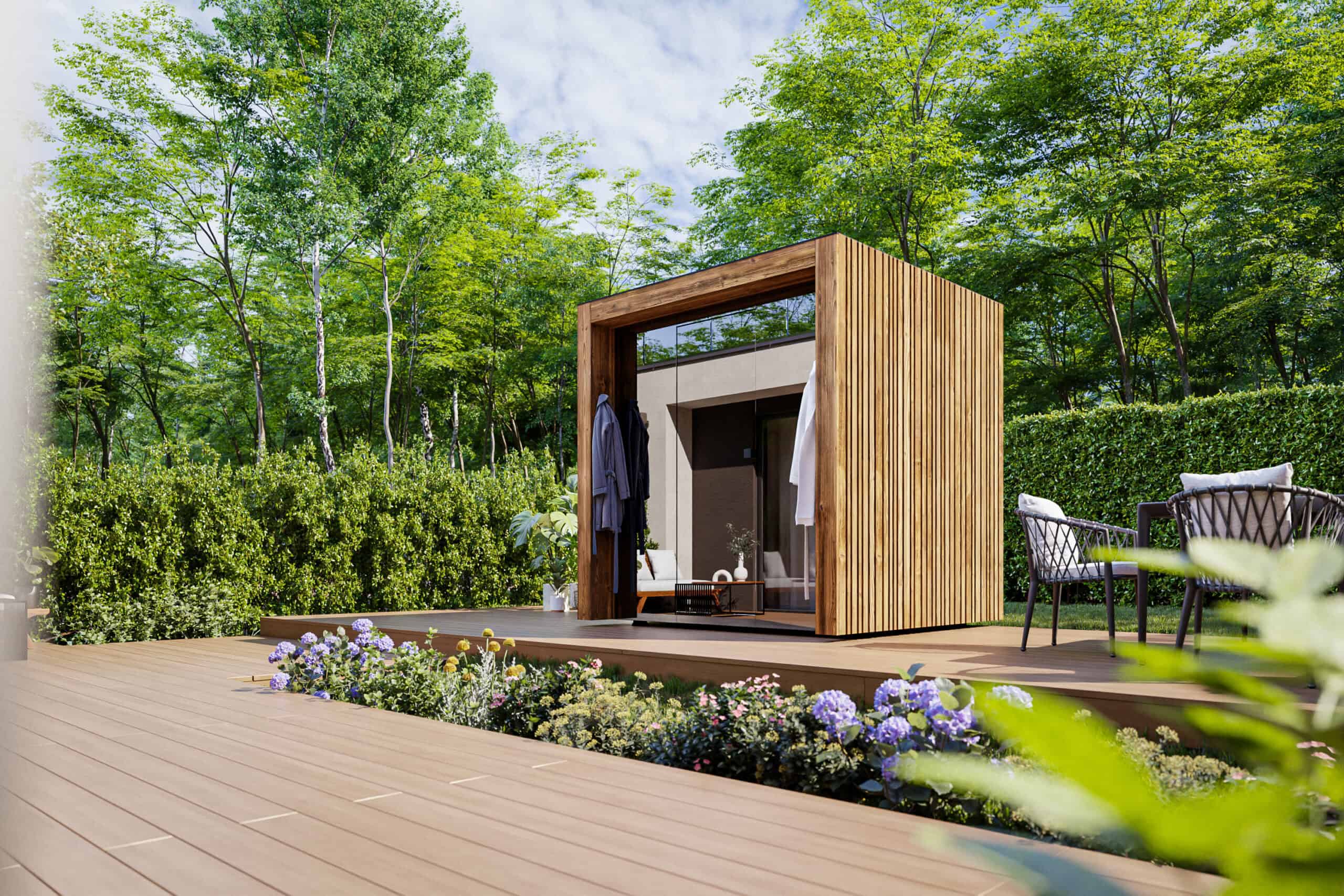 Fortis Sauna Cabin - full Tyrol wood exterior